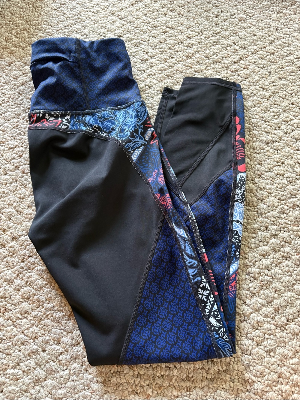 Athleta Black and Navy Patterned Leggings with Blue & Red Accents